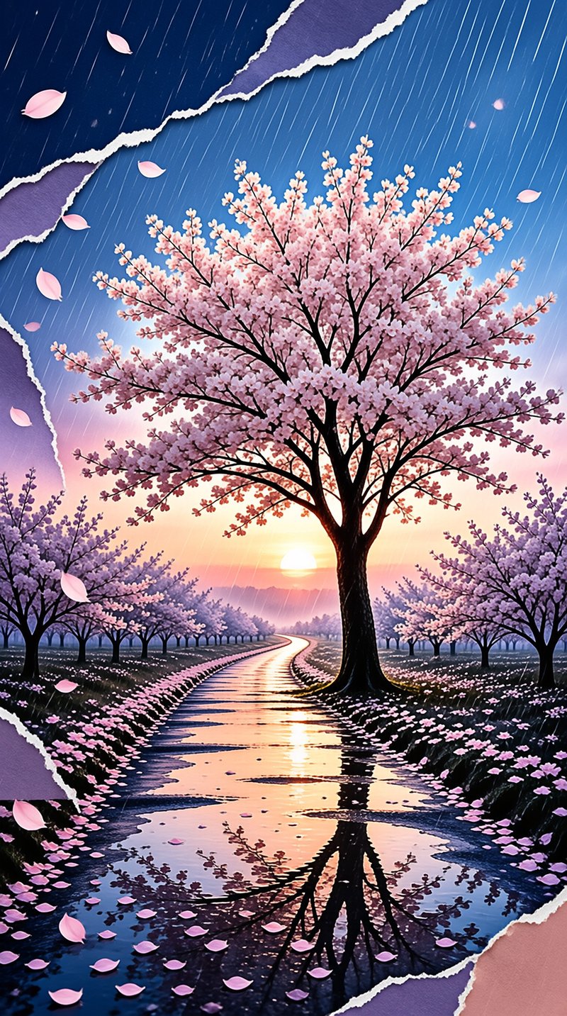 A large pink tree stands over a puddle-filled road at dusk while rain falls and petals float.