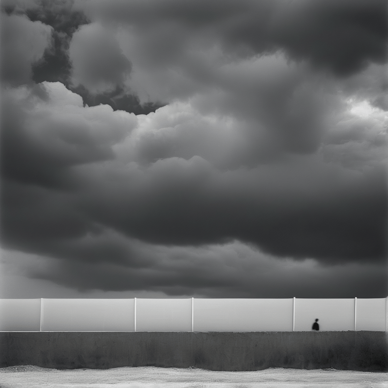 A tiny silhouette stands near a long white barrier while ominous dark clouds fill the sky.