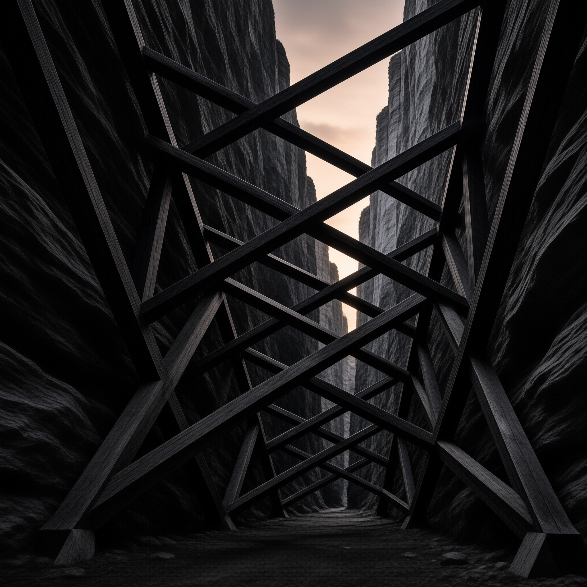 Crisscrossed dark wooden beams form a structural cage between towering rock walls under a pale dusk sky.