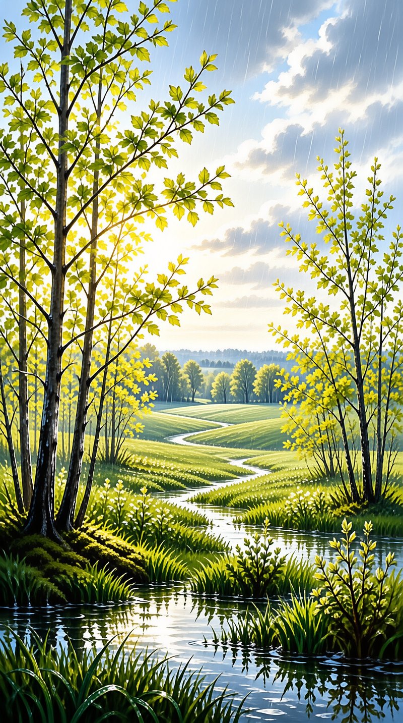 A river winds through green meadows, flanked by leafy trees under sunlit clouds with faint rain.