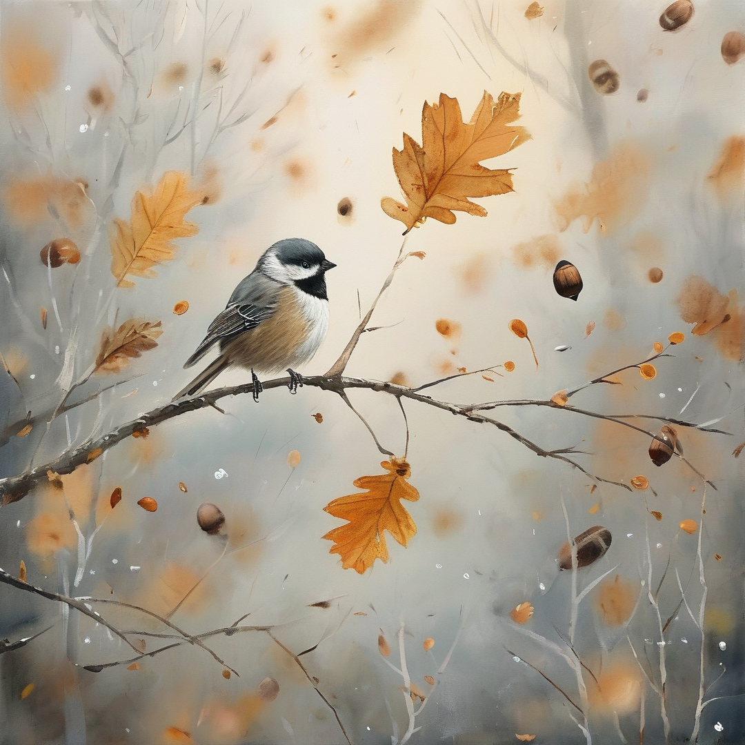 A chickadee perches on a twig as orange leaves and acorns drift through a foggy autumn scene.