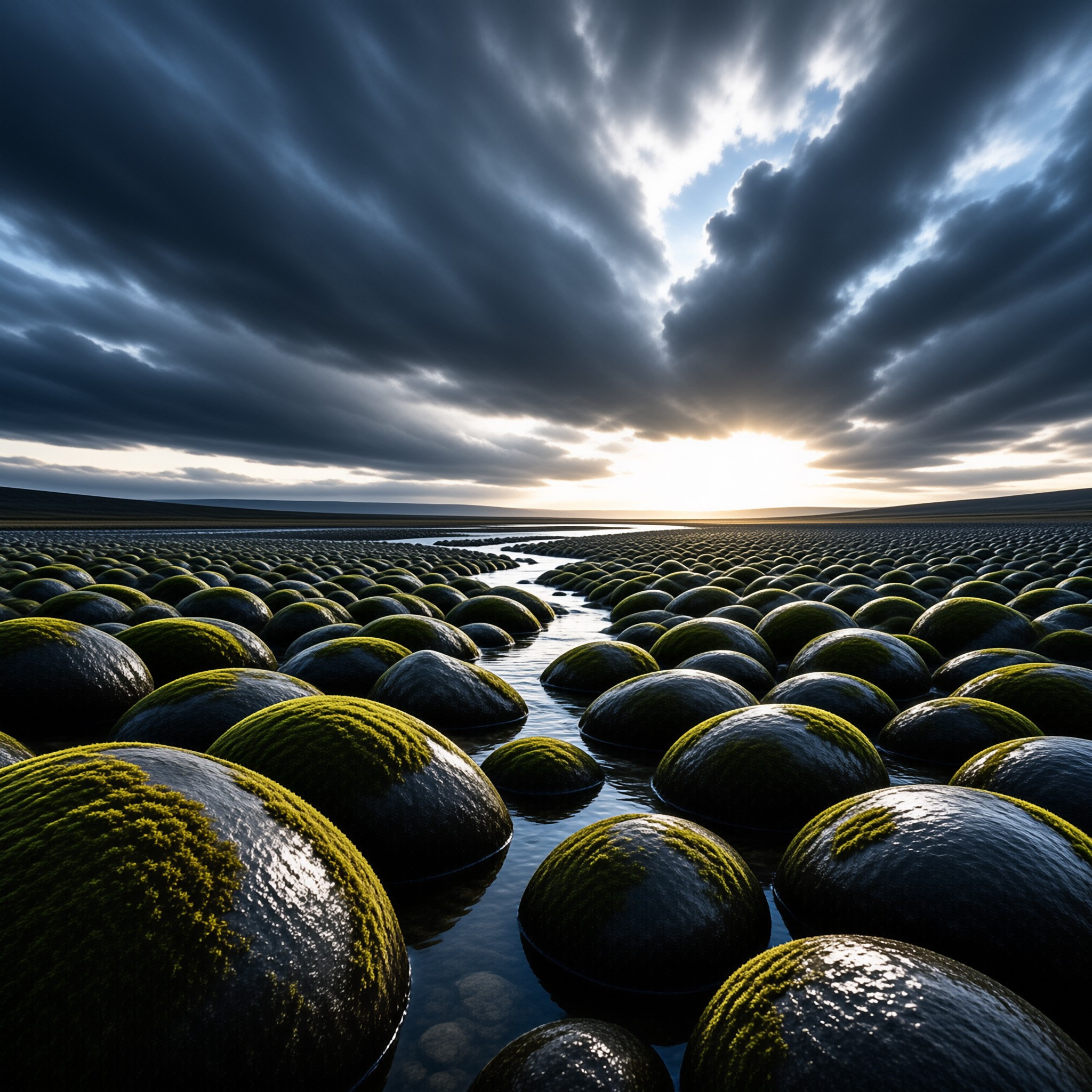 Dramatic Sky Over Mossy Rocks