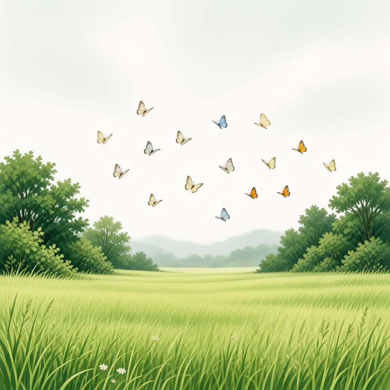 Colorful butterflies soar above a bright green field bordered by trees and distant misty mountains.