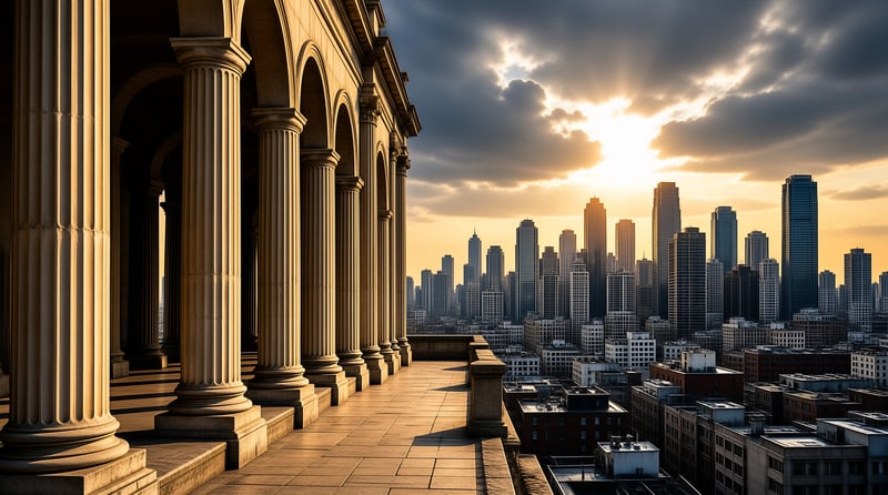 A row of classical columns overlooks a dense city skyline during a dramatic golden sunset.