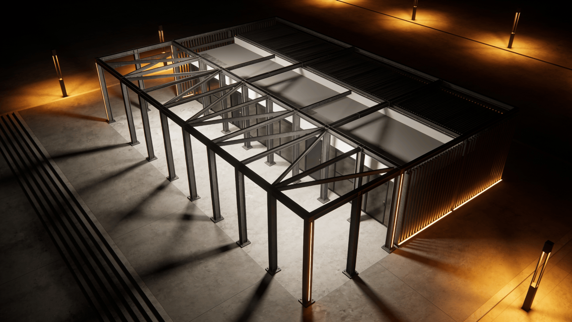 Pavilion with Steel Frame — Night With Warm Lights