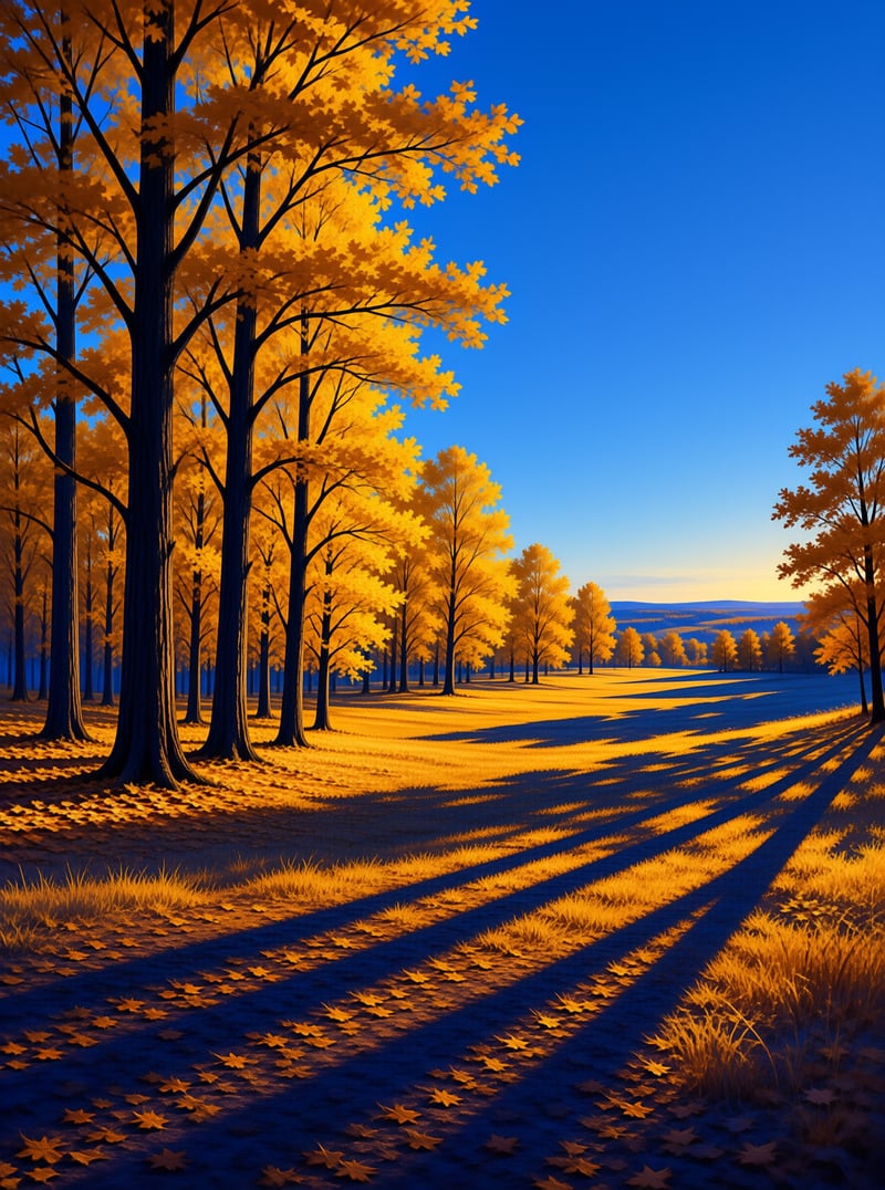 Rows of golden autumn trees line a sunlit grassy field, long dark shadows stretch across the ground under a clear bright blue sky.