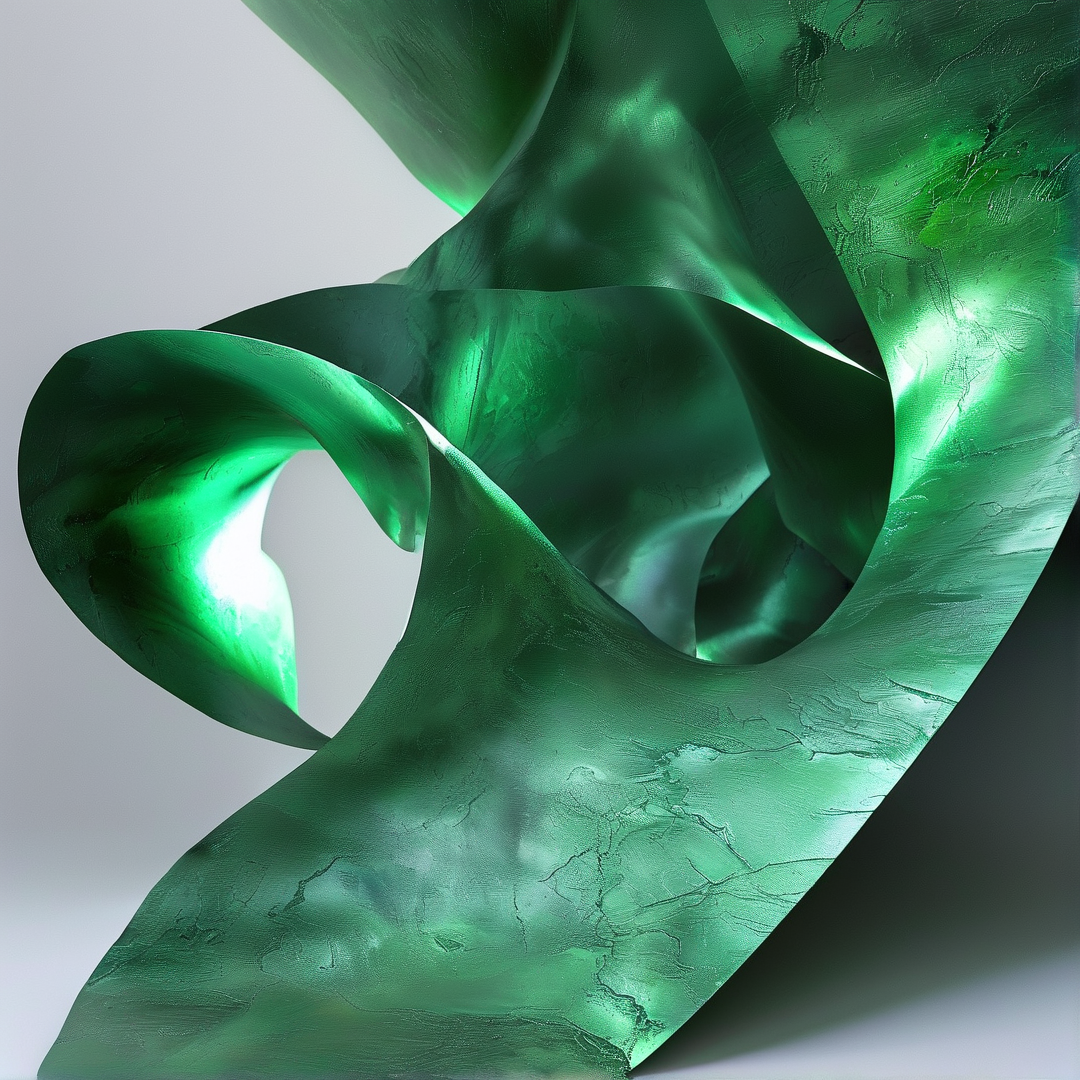 Sculpted green malachite-like form twists and folds against a neutral pale gray background, with bright highlights catching its ridges.
