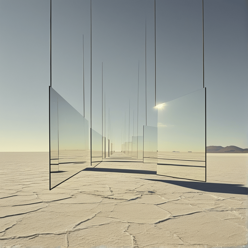 Tall transparent glass panels are spaced across a dry cracked salt flat under a pale clear sky with the low sun catching the rightmost panel