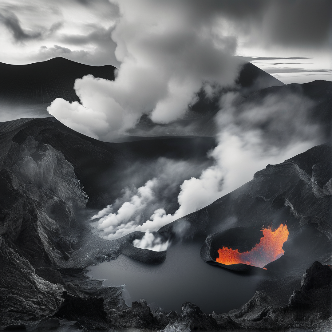 A dramatic volcanic landscape showing dark rocks and white clouds surrounding a pool of bright orange lava.