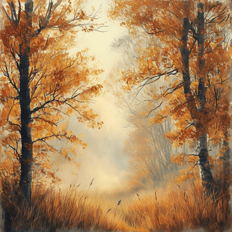 Large trees with orange leaves stand beside a foggy clearing covered in tall golden grass during autumn.