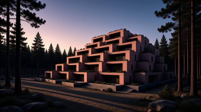 A modern geometric building with a terracotta facade stands surrounded by tall pine trees under a gradient twilight sky.