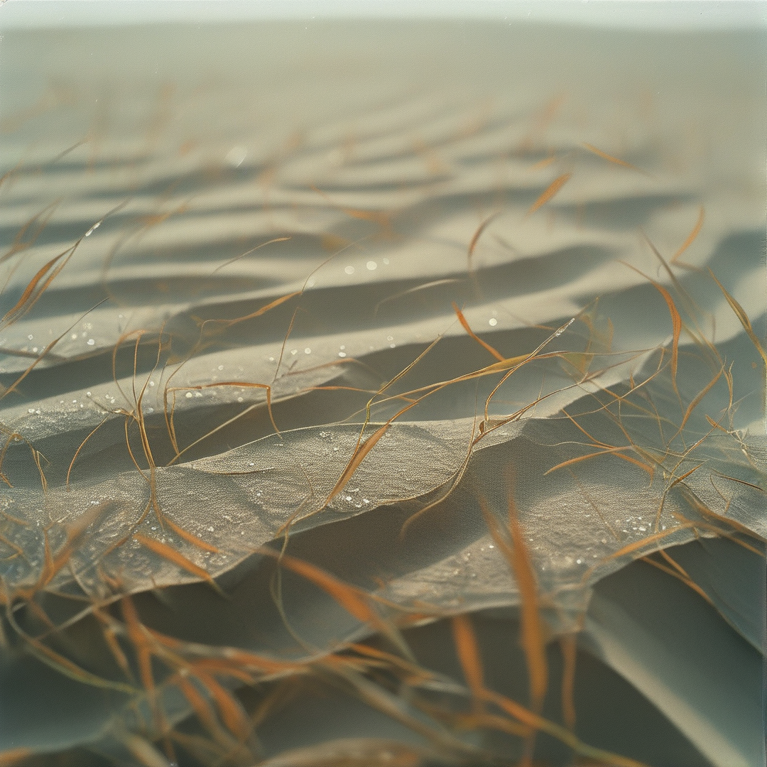 Macro shot of a textured material with dew droplets and thin brown hair strands.