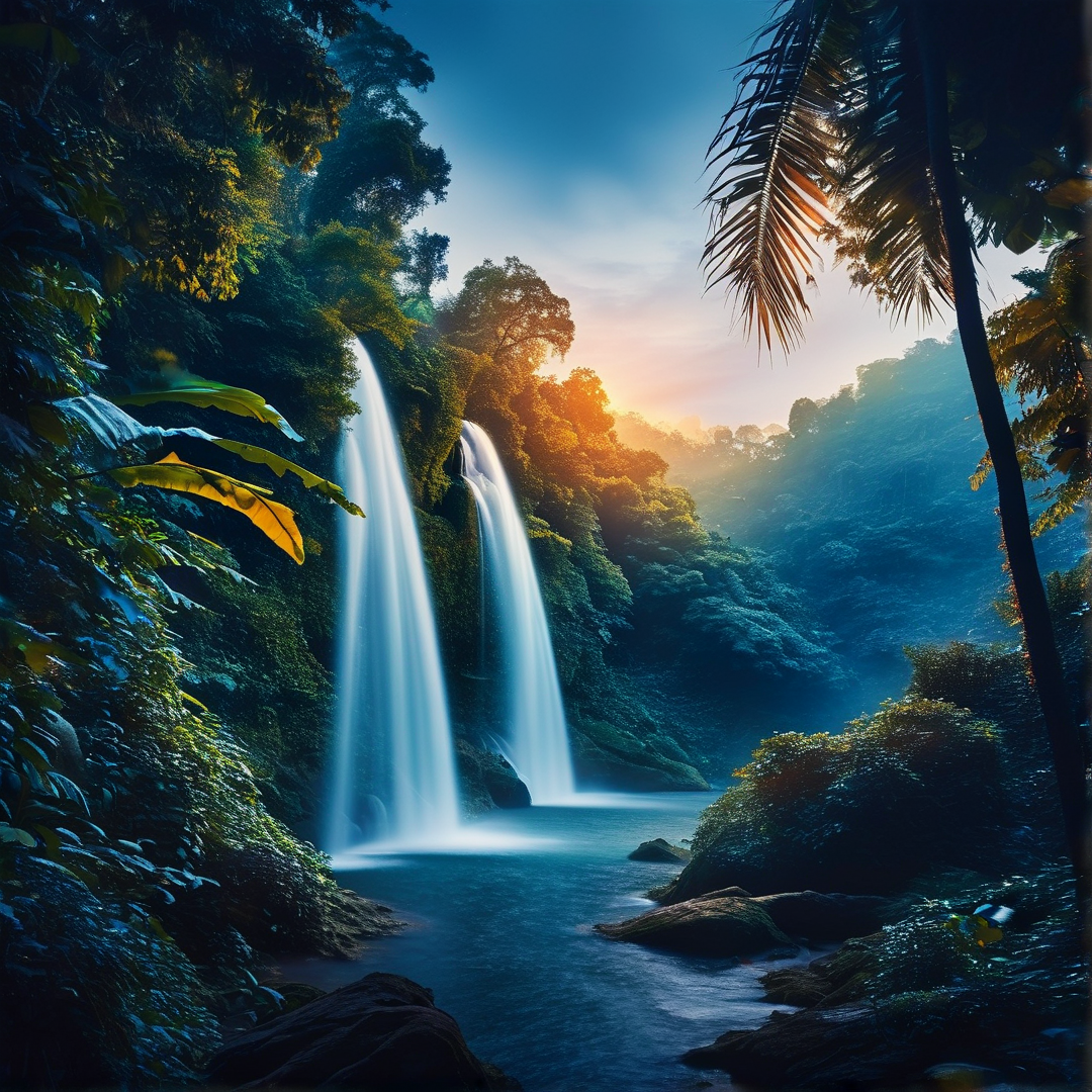 Sunlit Tropical Waterfall