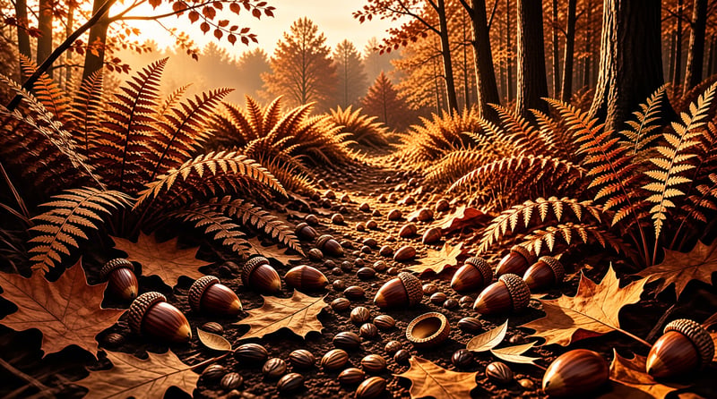 Sunlit woodland trail blanketed with acorns, oak leaves and copper ferns during golden autumn.