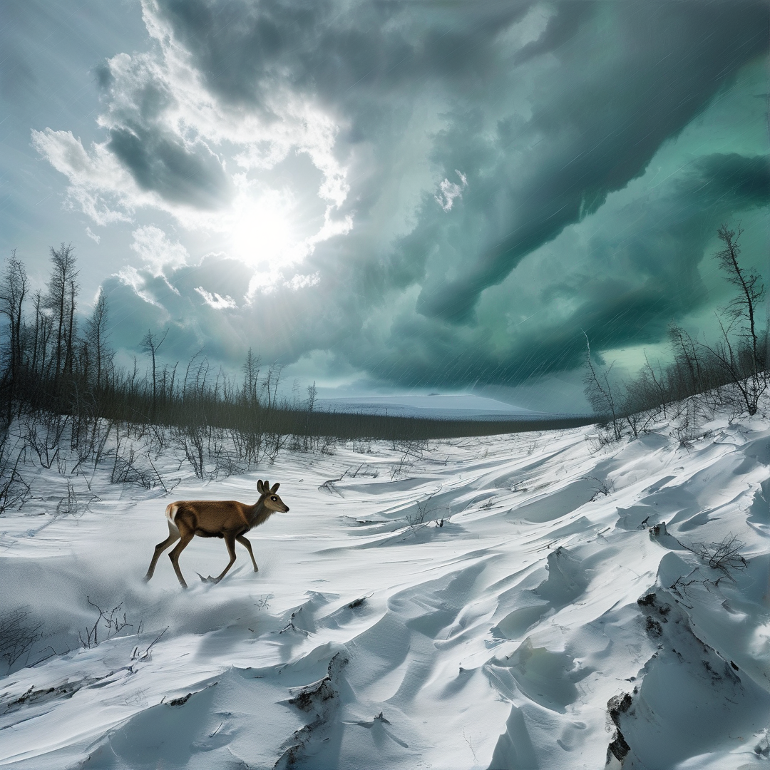 A brown deer moves across a snowy field while sunlight breaks through heavy green clouds above.