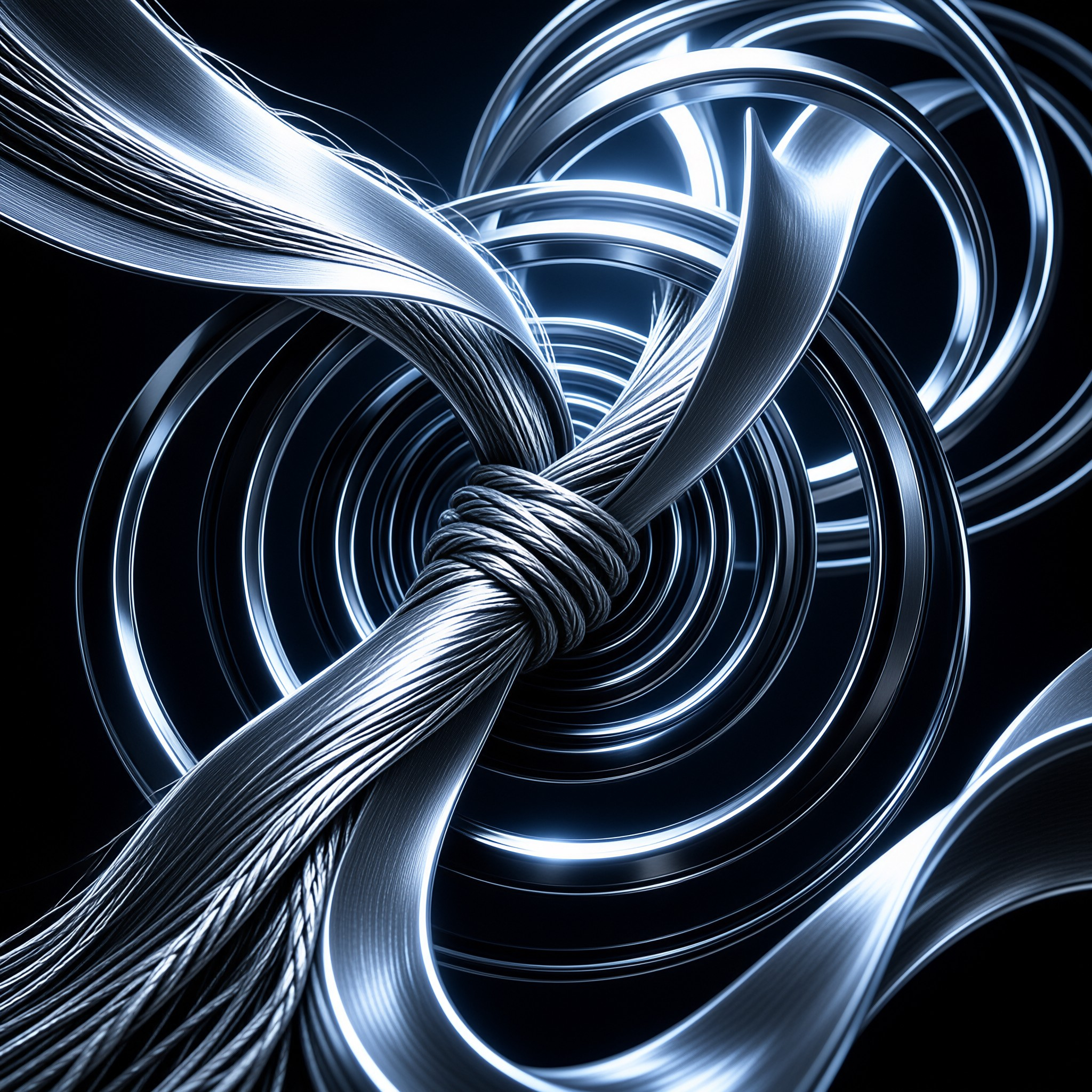 Bundles of brushed metallic thread twist into a tight knot at the center of glowing concentric rings on a dark field.