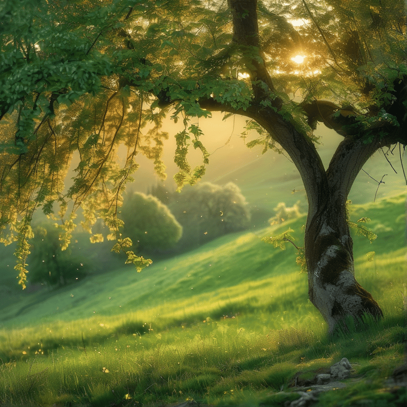 Sunlit Willow Over Green Hills