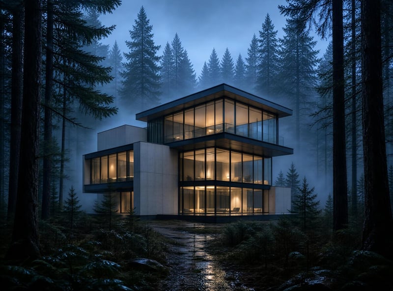 Modern House in Misty Forest
