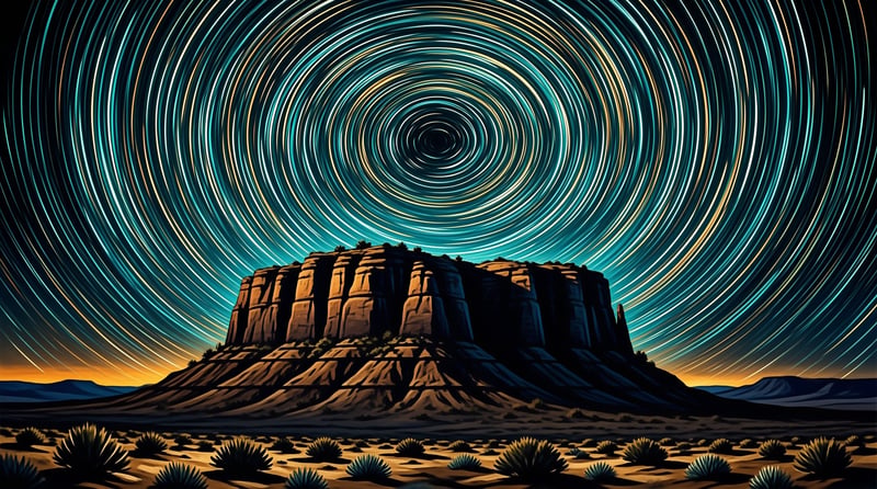 A flat-topped desert rock formation sits beneath concentric arcs of star trails painted across a teal night sky.