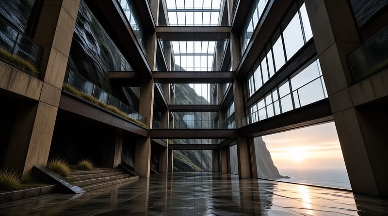 A wet floor reflects the golden sky visible through the massive glass walls of this coastal building interior.