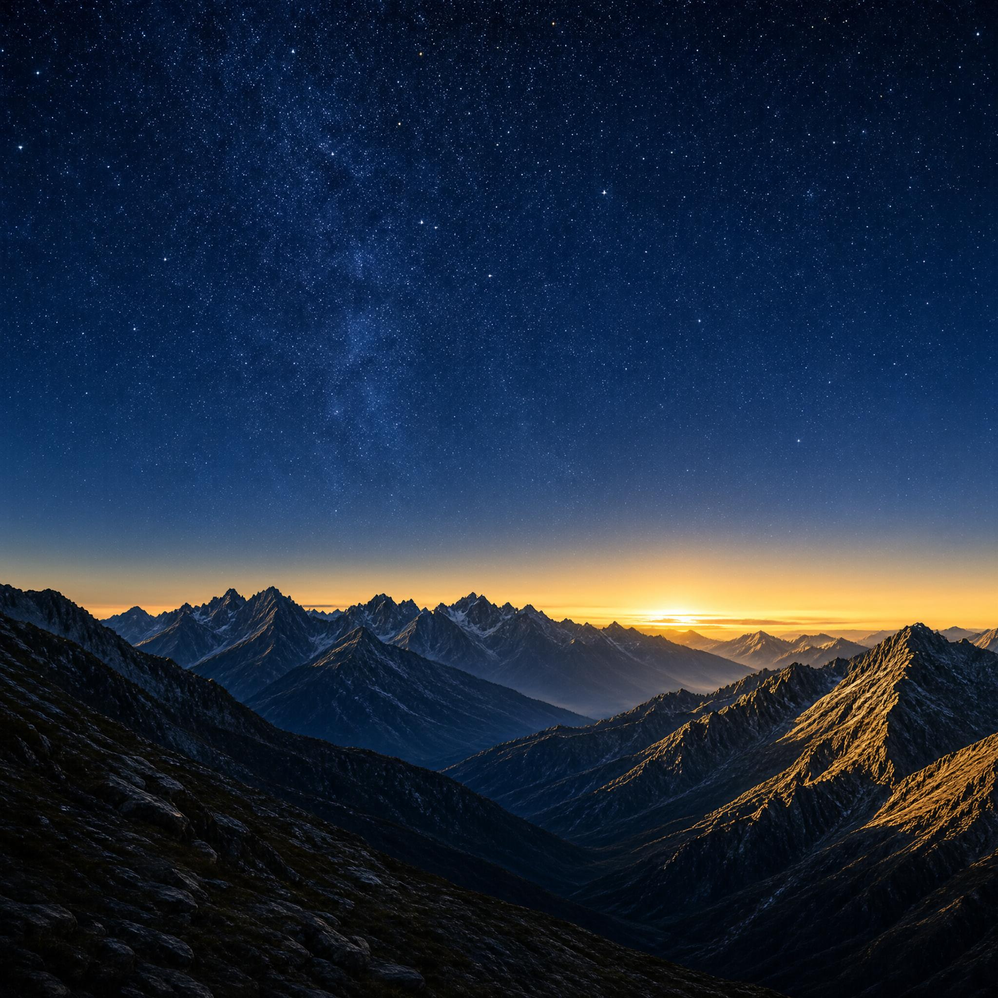 Mountain Peaks Under Starry Night with Sunrise Glow