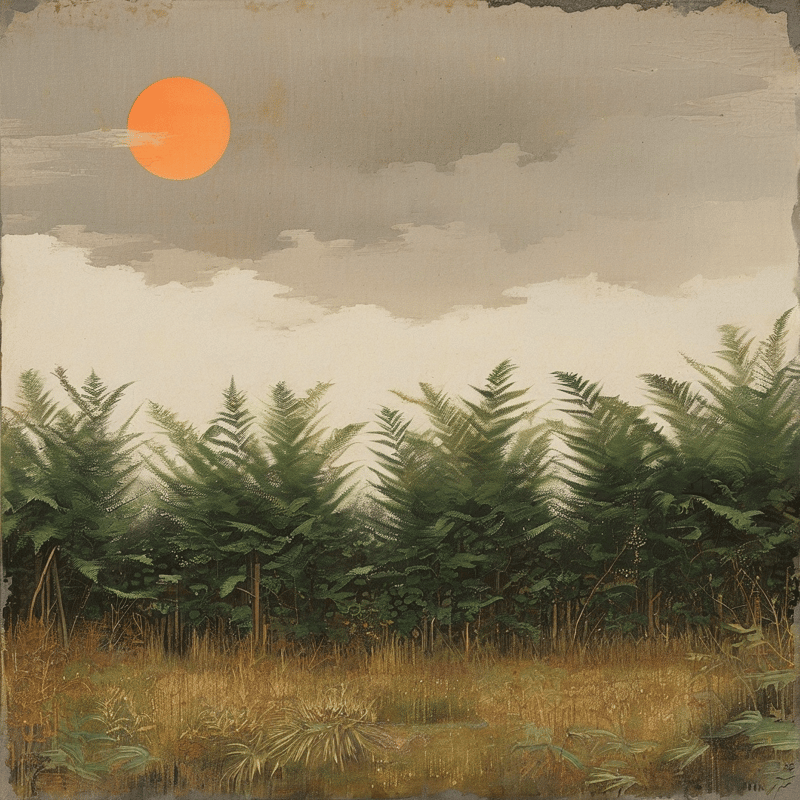 Tall green ferns stand in a field of dry yellow grasses under a pale sky with a large orange sun.
