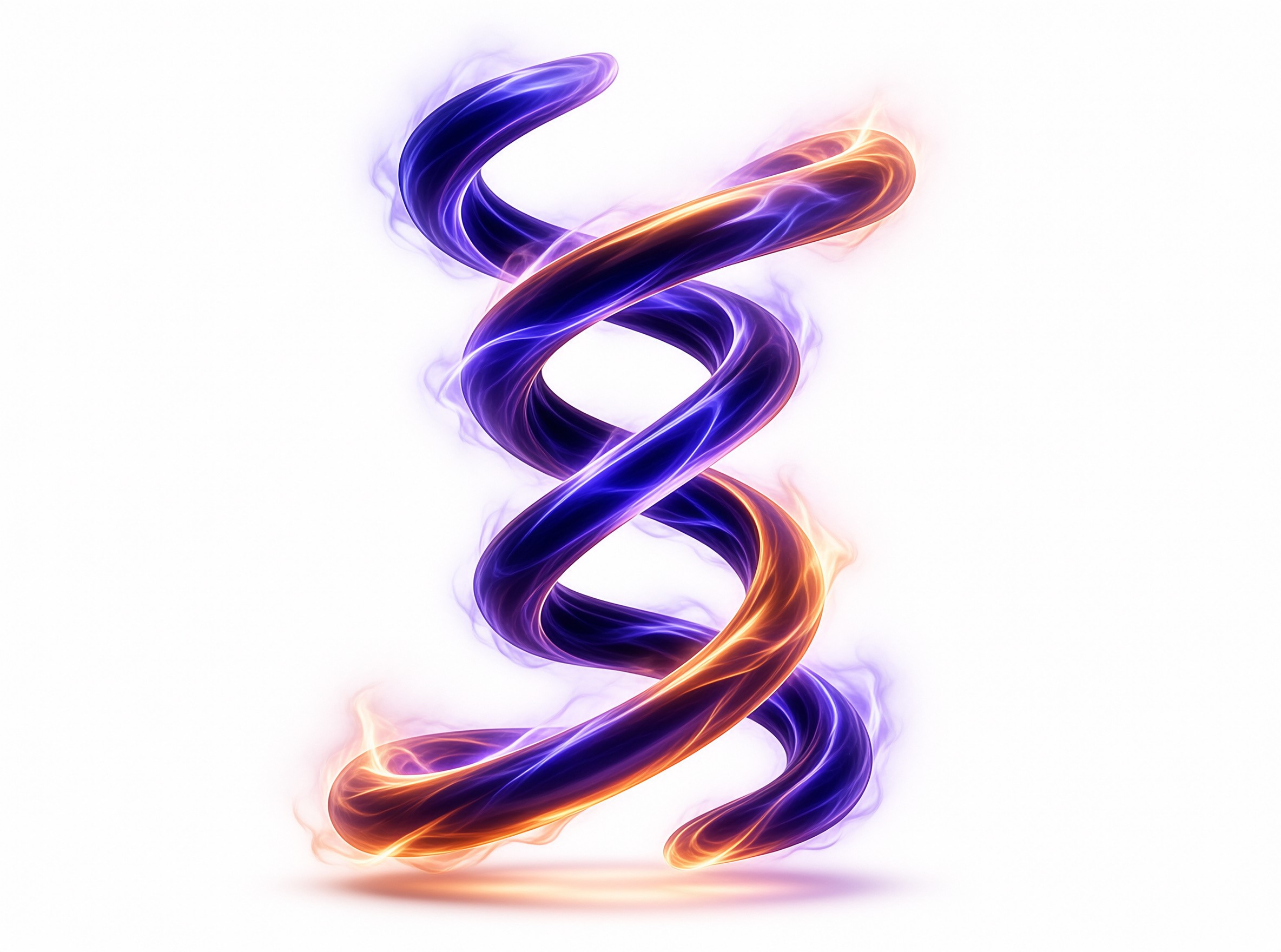 A luminous double helix with purple and amber glowing edges hovers over a white field, casting a warm faint shadow below.