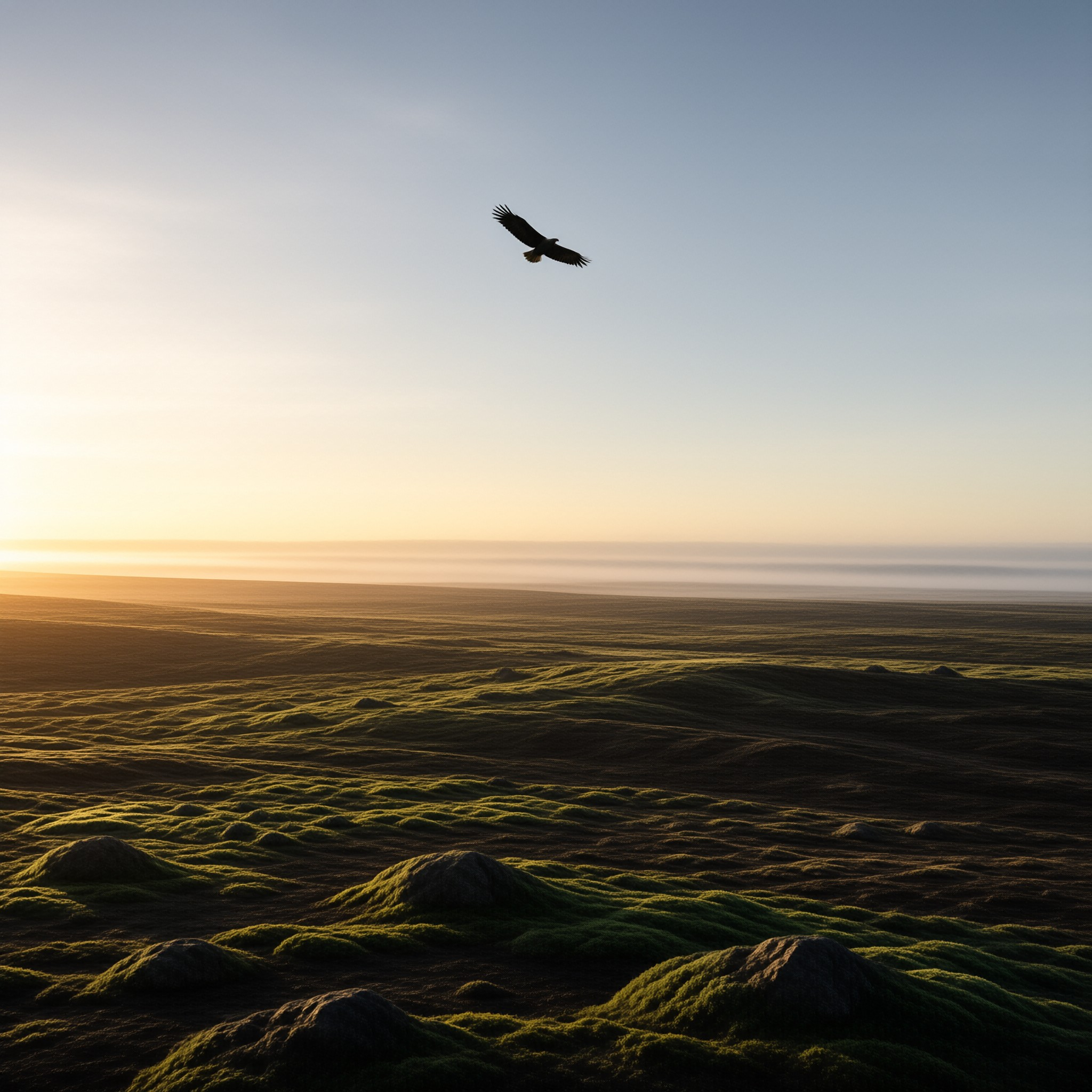 A solitary raptor flies high above textured green terrain illuminated by the soft glow of dawn.
