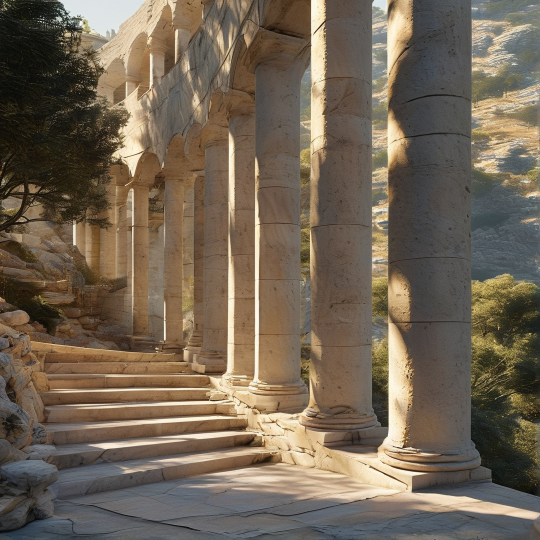 A row of weathered ancient stone columns lines ascending steps built into a dry rocky hillside, cast in warm low sunlight.