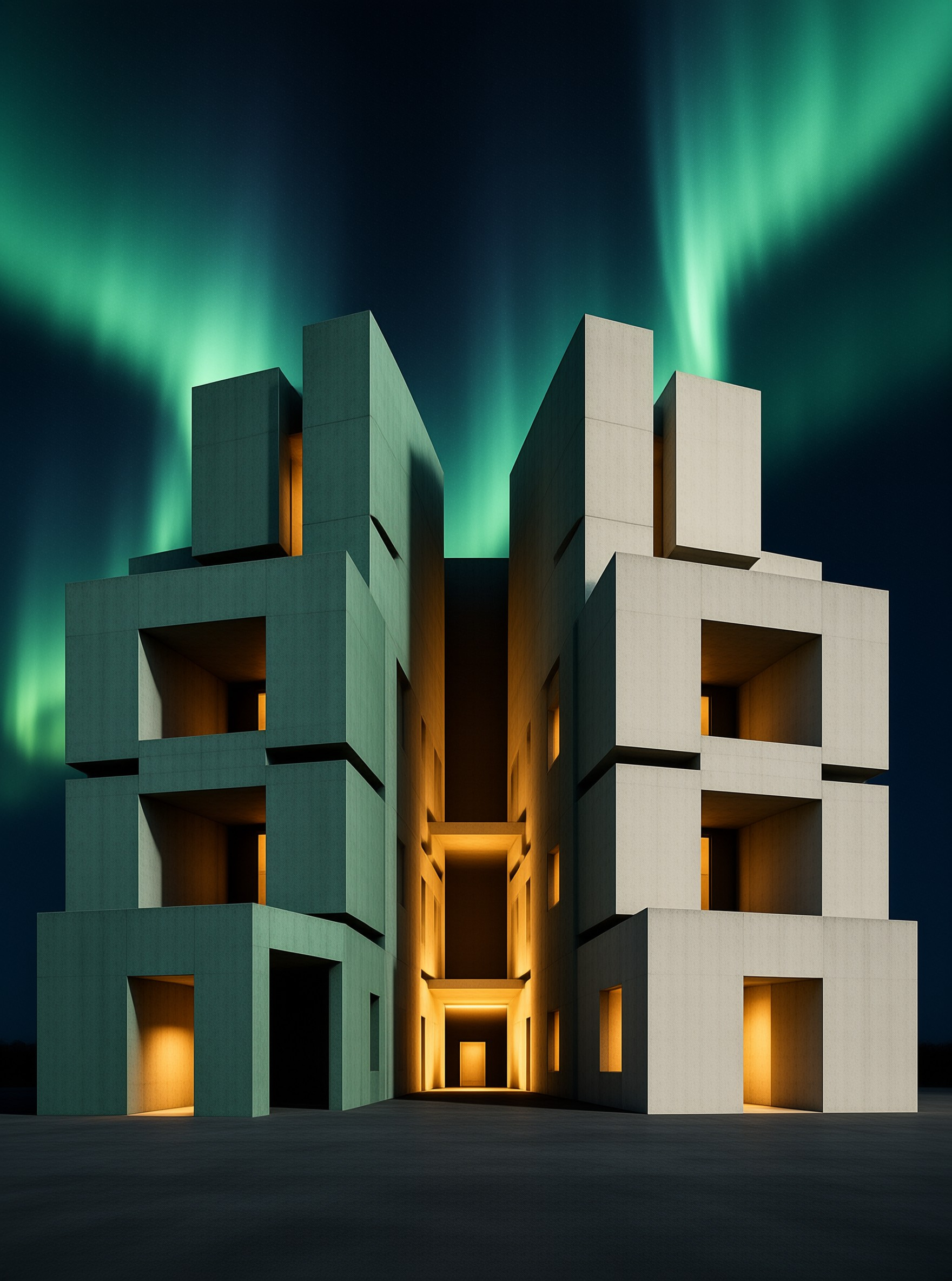 Modern Tower Under Aurora