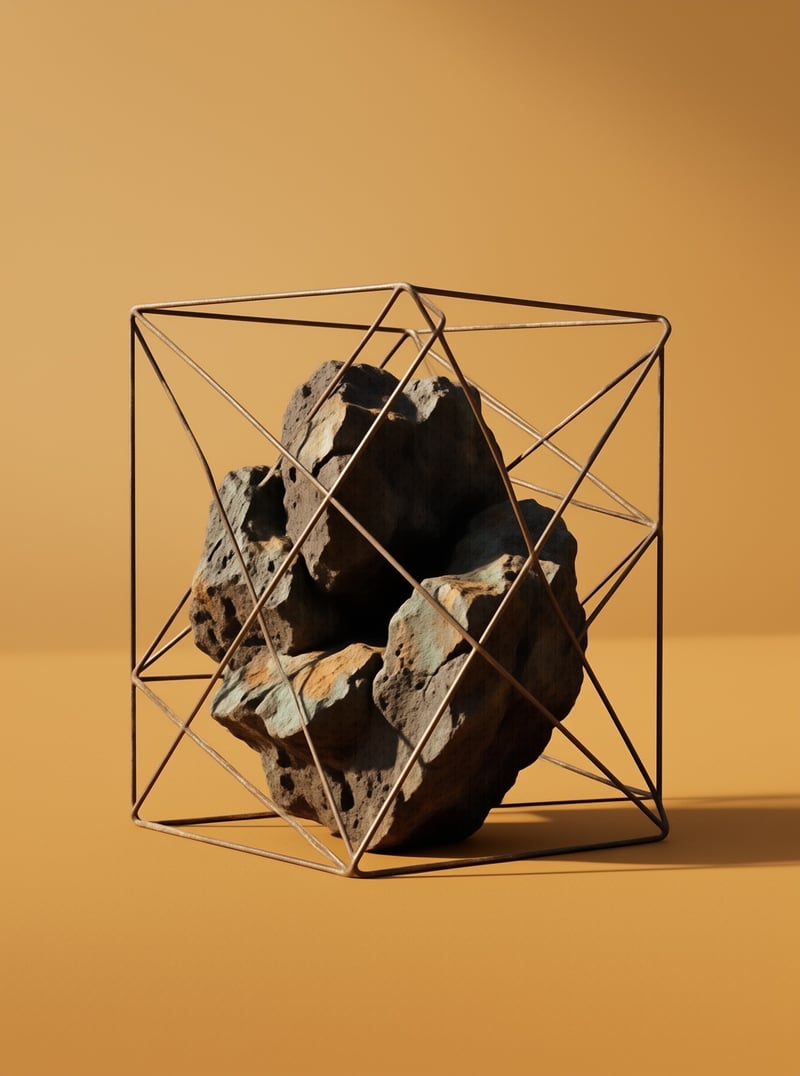 A dark porous stone sits inside a thin metal wire geometric structure against a warm yellow background with sharp shadows.