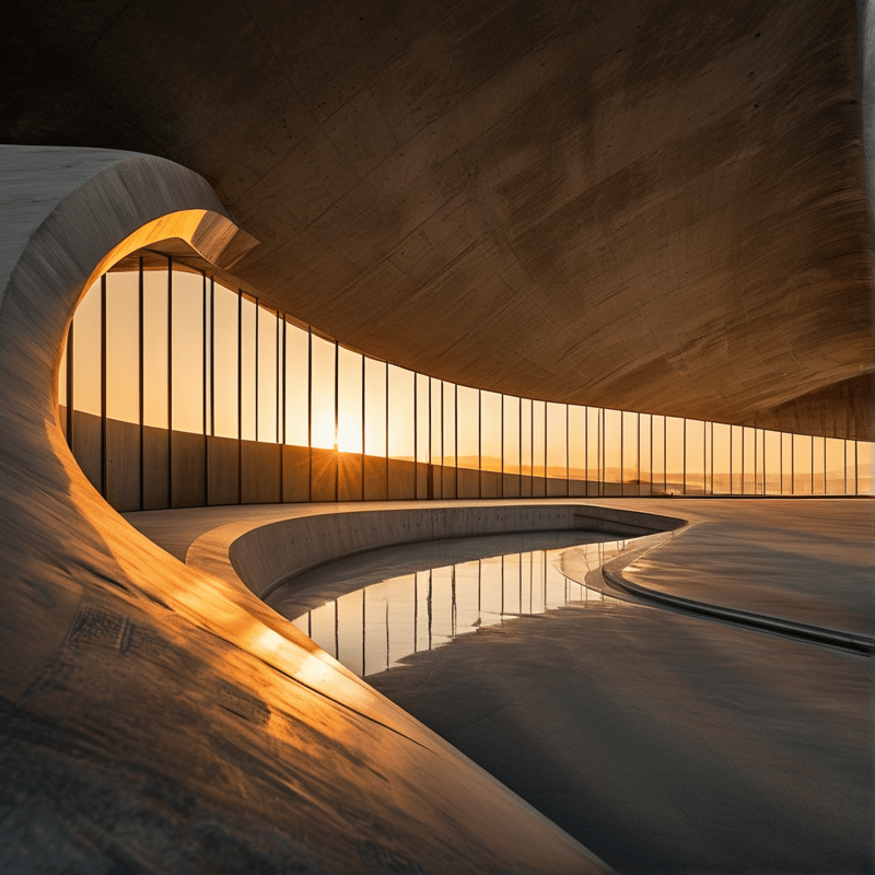 A curved concrete wall overlooks a pool reflecting a sunset through large windows.