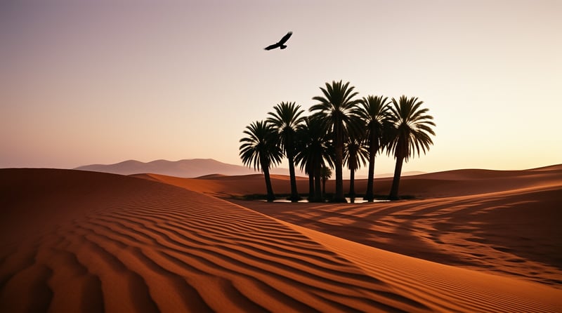 A cluster of palm trees silhouetted against a gradient sky above rippled orange sand dunes with a bird flying.