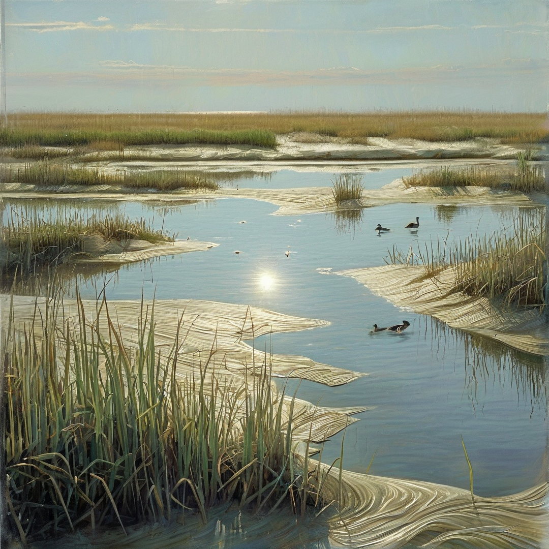 Several waterfowl glide across the winding channels of a marshland while the sun casts a bright reflection on the calm water surface