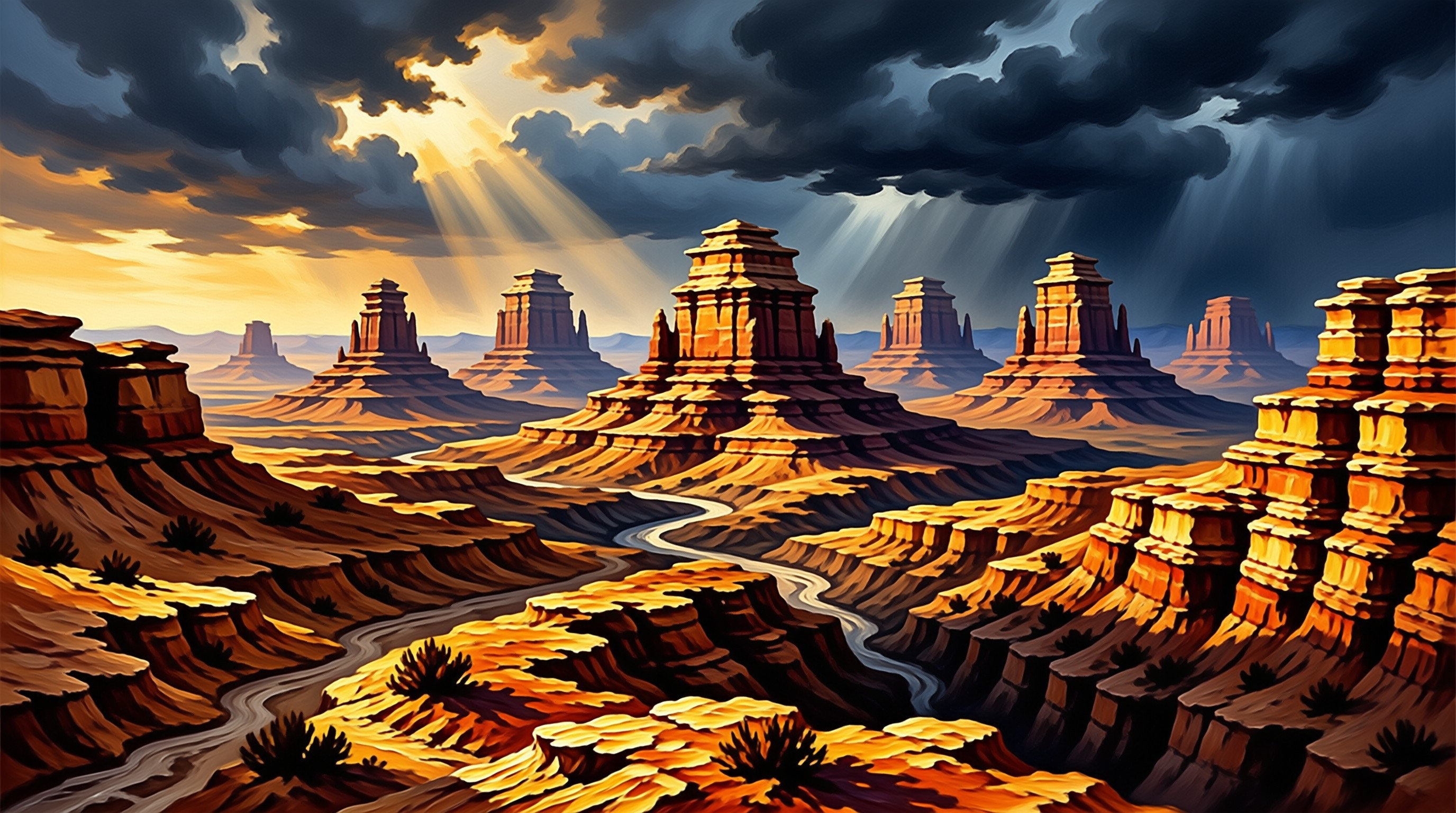 Painted canyon walls glow gold where heavy thunderclouds split open to send bright rays of light down a winding river path.
