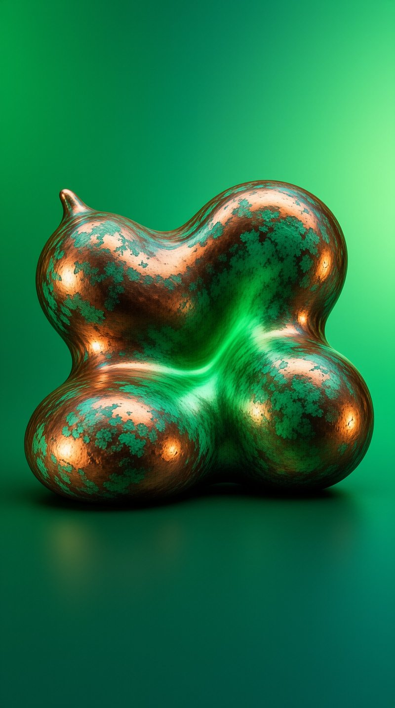 An irregular copper sculpture featuring green patina spots rests on a smooth emerald surface under studio lighting.