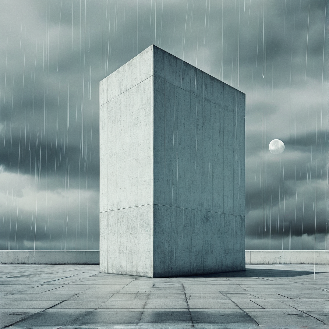 A large grey concrete block stands alone on a paved surface while rain falls heavily against a cloudy sky where a full moon is visible.