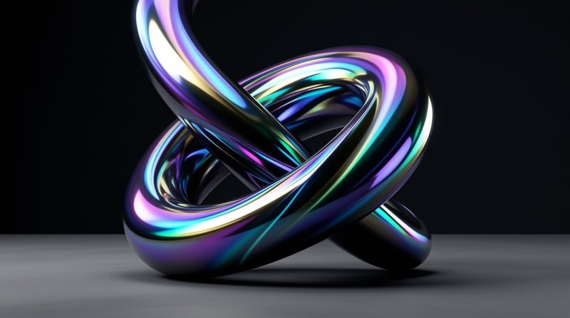 A smooth glossy metal tube twists into a knot, showing rainbow colored reflections against a dark background and plain grey surface.