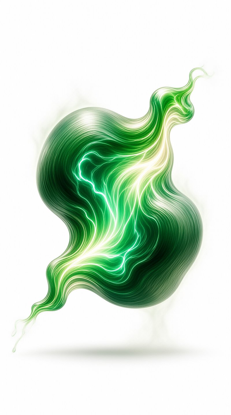Green helix twisting against a plain white background with bright white light streaks running through its fluid texture.