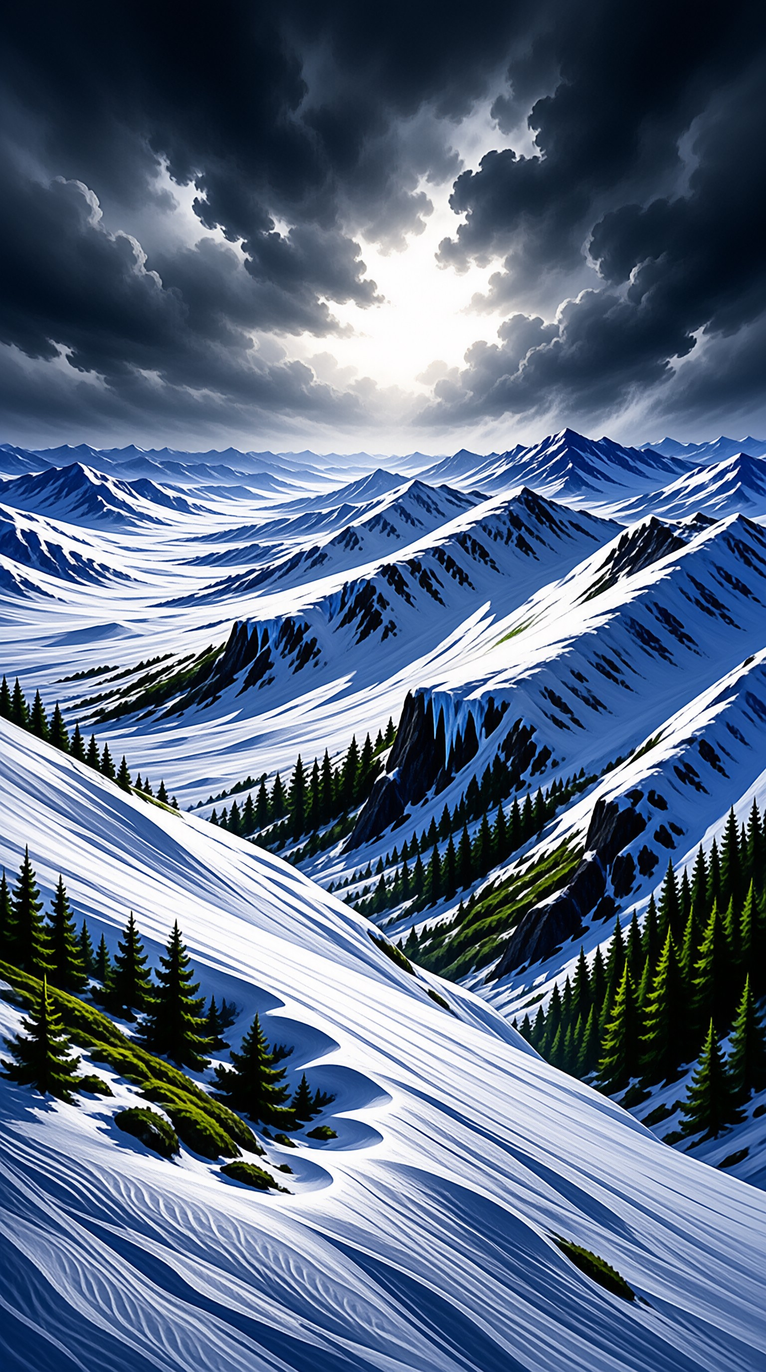 Vast snowy mountain range stretches into distance under dark clouds parting to reveal sunlight on peaks and evergreen forests.