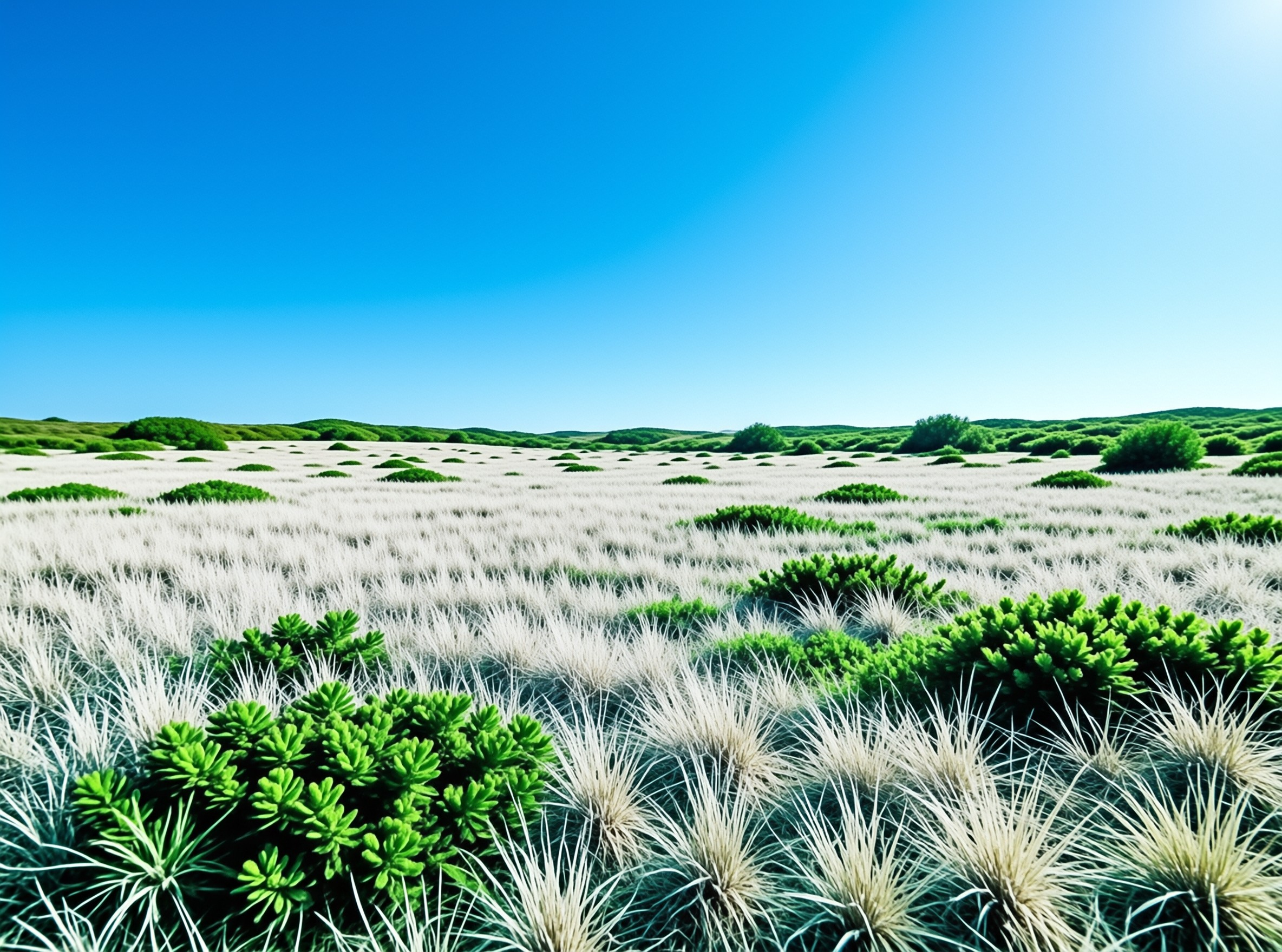 Scattered green shrubs rise above pale vegetation beneath a vivid clear blue sky.