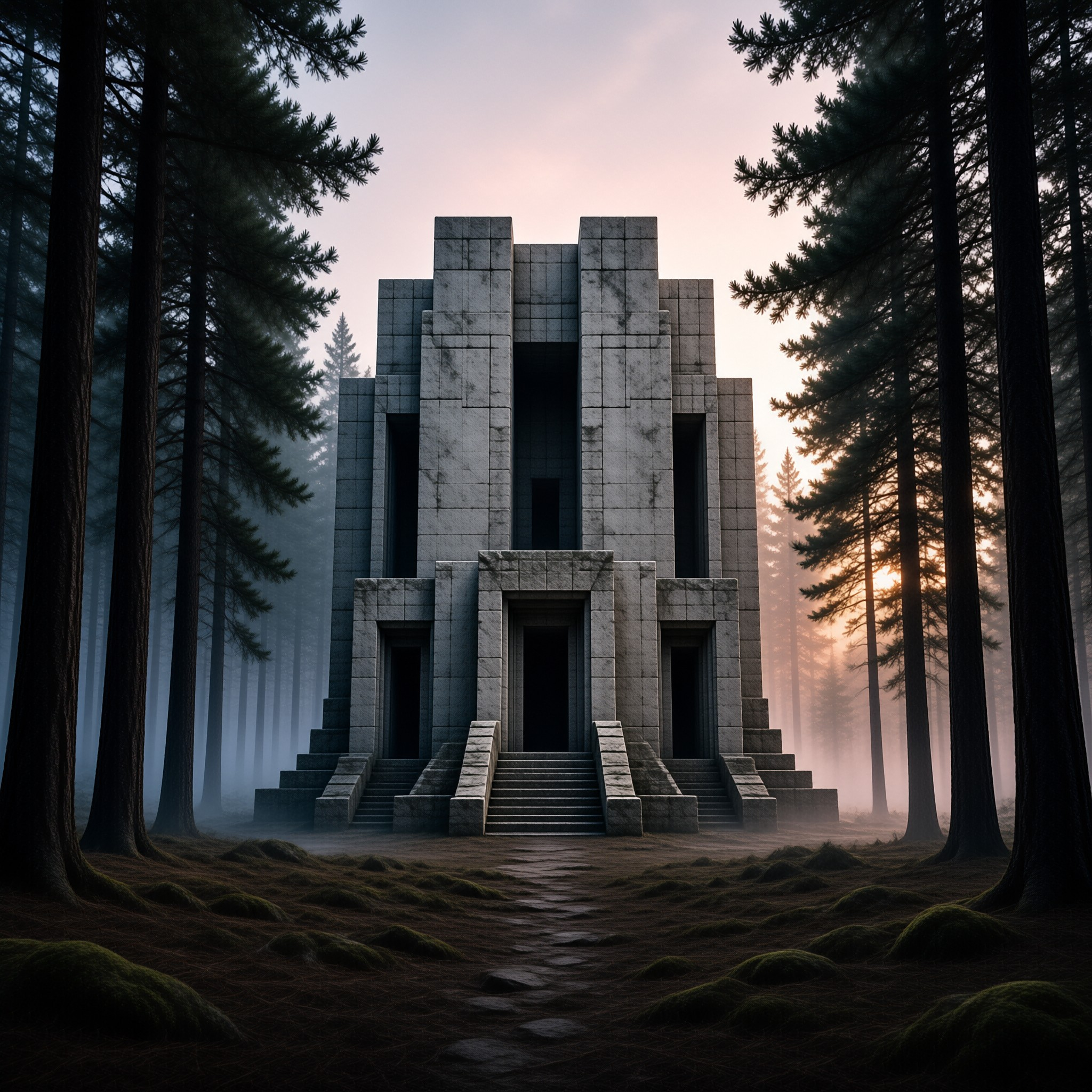 Stone Temple in Misty Forest