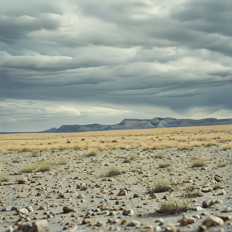 Vast arid terrain stretches toward distant mountains under a sky filled with heavy layered clouds.