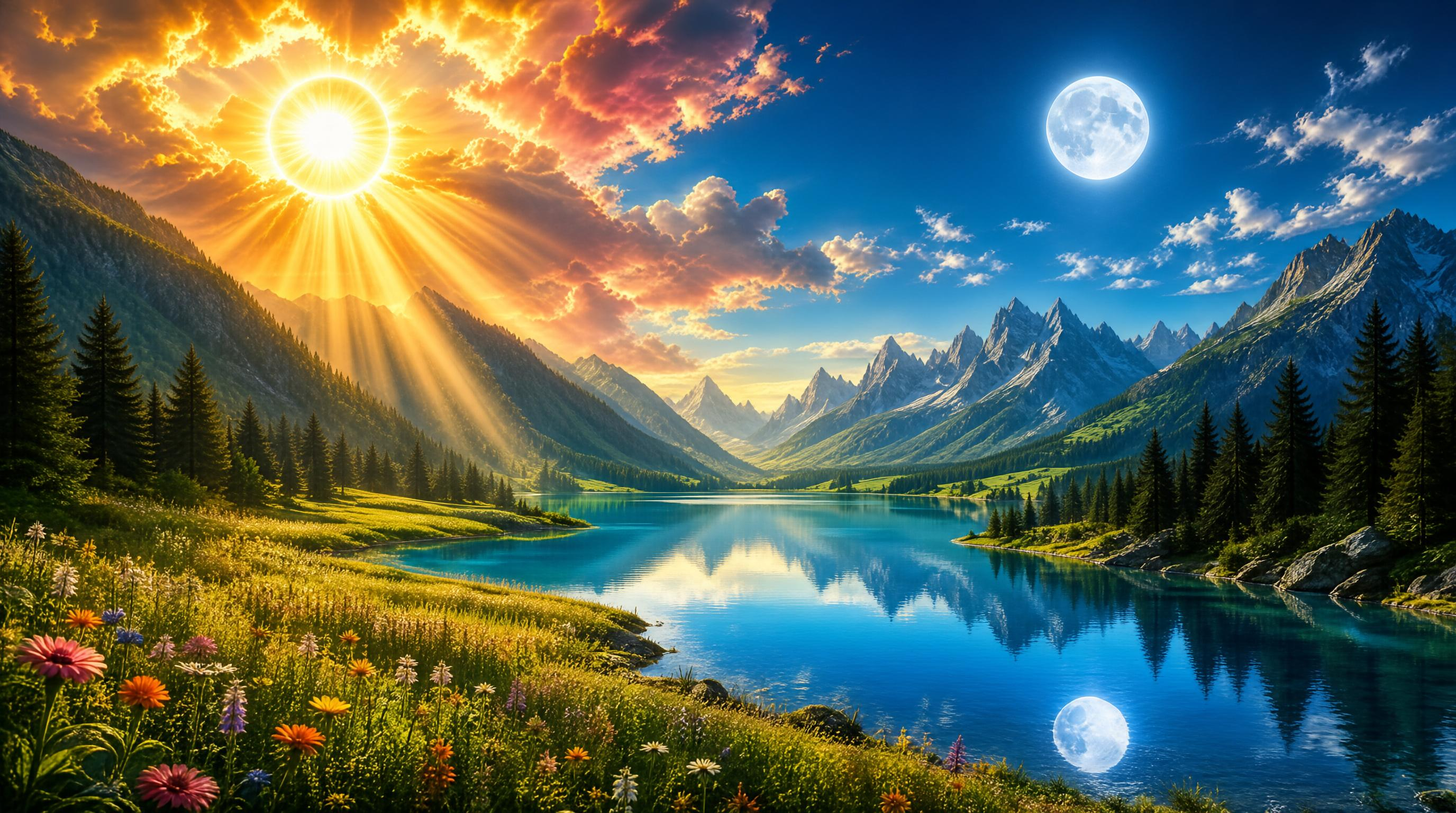 Sun and Moon Over Mountain Lake