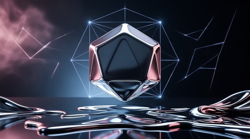 A reflective polyhedral die hovers above a rippling liquid chrome surface with glowing geometric wireframes in the background.