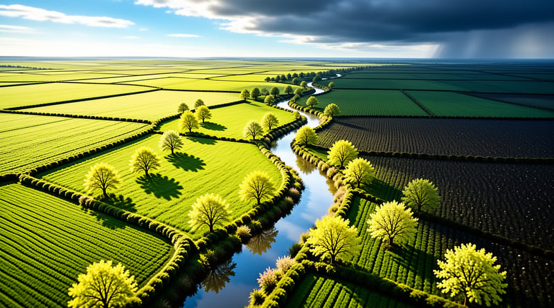 A river meanders through patchwork farmland with bright green crops and dark storm clouds overhead.