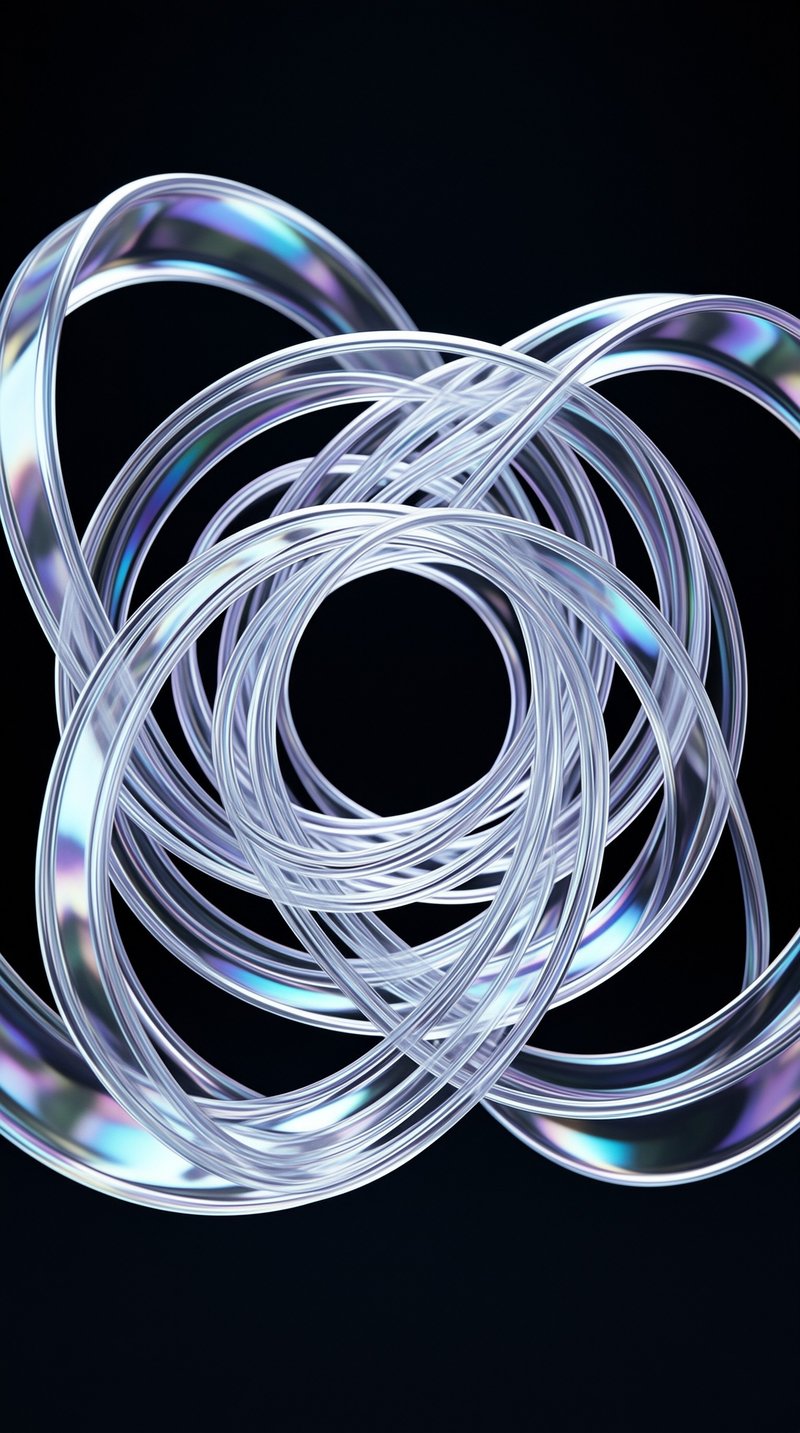 Interlocking metallic rings float against black space showing iridescent purple and blue light reflections.