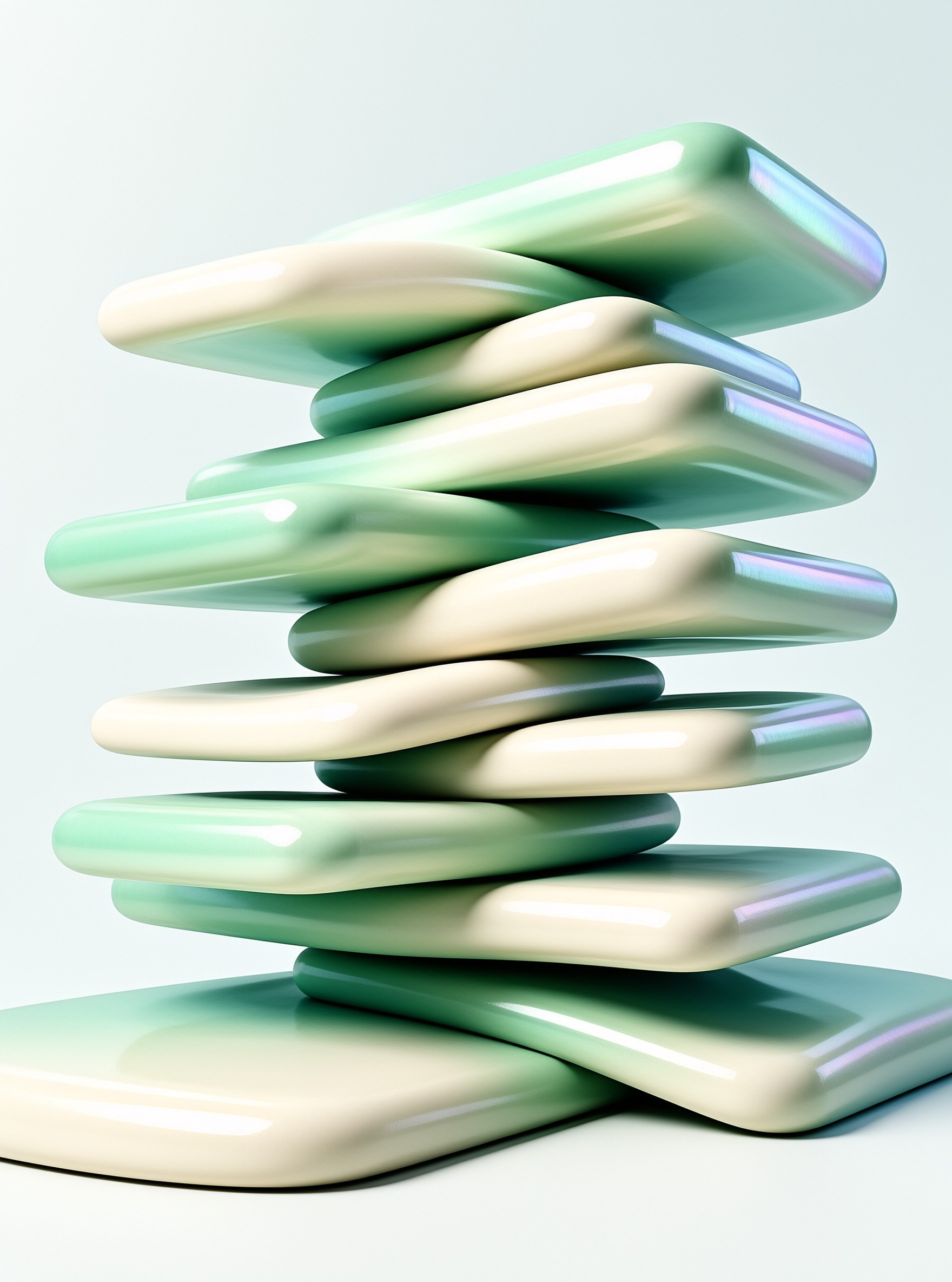 A vertical stack of smooth glossy mint and cream capsules balanced against a plain white space with soft lighting.