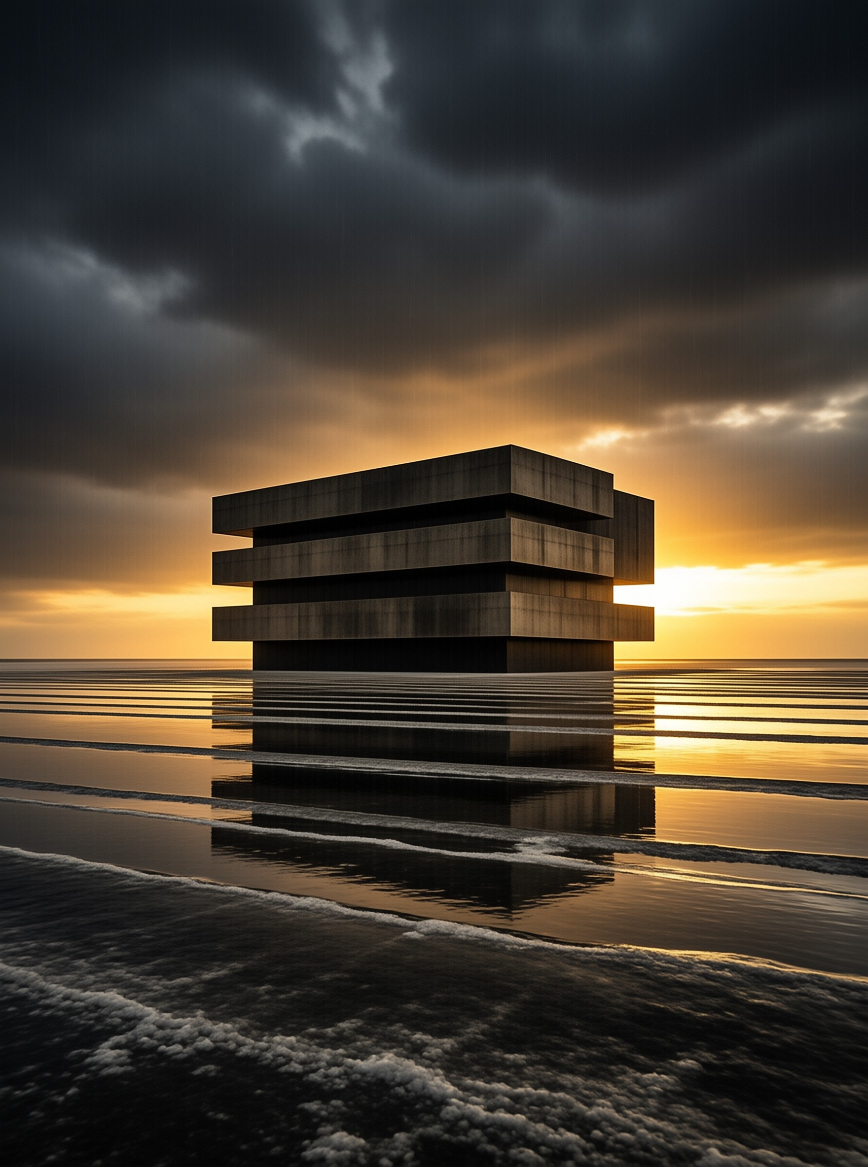 Brutalist Structure at Sunset