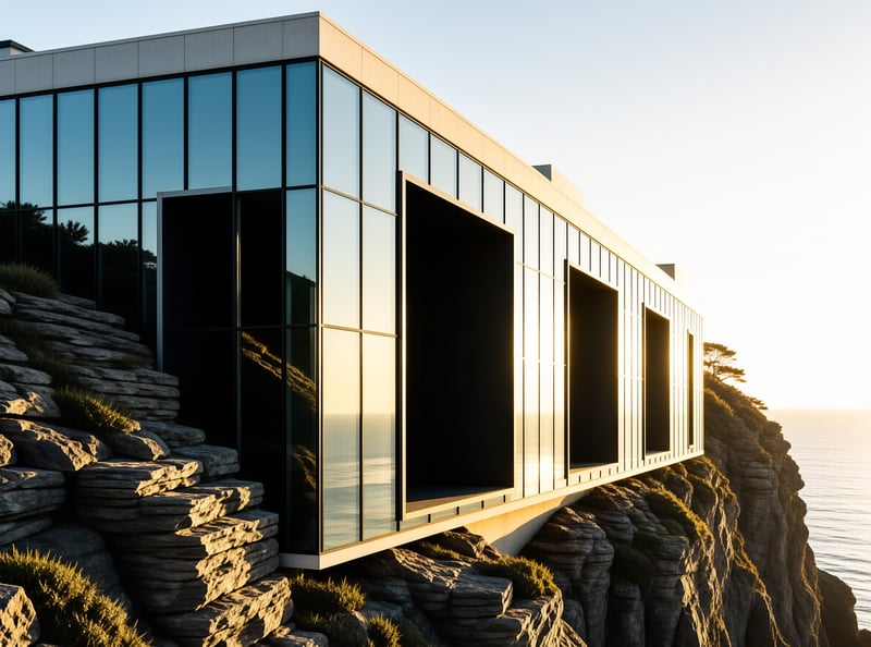 A low sculptural structure of triangular metal facets undulates along a hillside ridge beneath a clear morning sky.